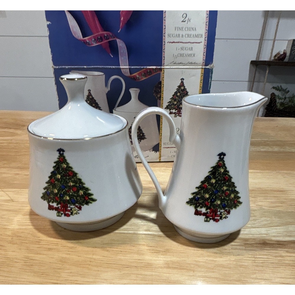 Sea Gull Fine China Christmas Tree Creamer & Sugar w Lid, Gold Trim, Jian Shang